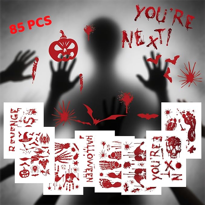 8 Sheets Halloween Window Clings, Bloody Handprint Footprint Window Stickers Scary Halloween Decorations Self Adhesive Wall Decal for Party Bathroom Car Door Zombi Restroom Sign Decals-85 Pcs