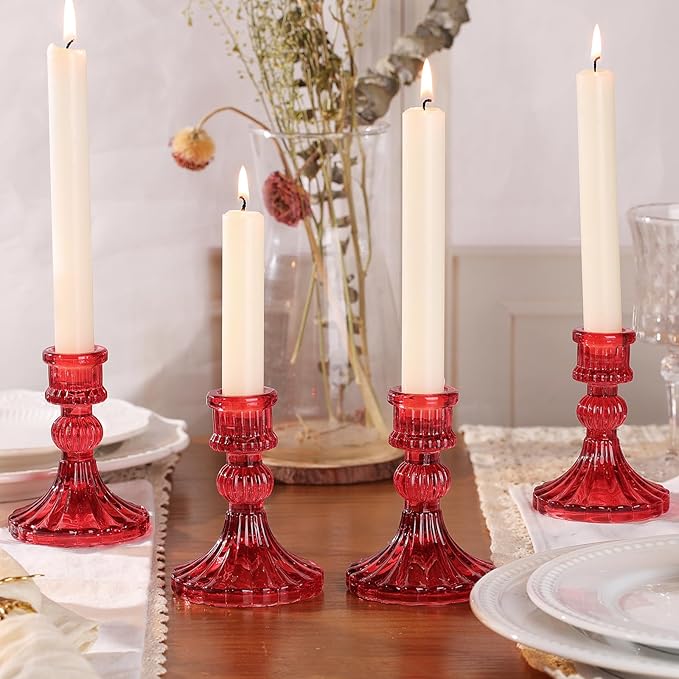 12PCS Red Candlestick Holders Set- 4" H Taper Candle Holders, Glass Candle Holders Bulk for Activities, Party, Home Table Centerpieces, Festival Gifts & Windowsill Decor