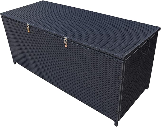 Oakland Living 113 Gallon Outdoor Storage Box, Patio Rattan Deck Box, Wicker Storage Bench for Indoor, Outdoor, Pool, Balcony, Yard, Garden, Black