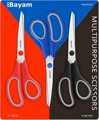 iBayam 8.5" Household Scissors All Purpose 3 Pack, Red Black Blue Scissors | Ultra Sharp 2.5mm Thick Blade Shears Comfort-Grip for Office Desk Sewing Fabric Home Craft School Supplies, Right/Left Handed