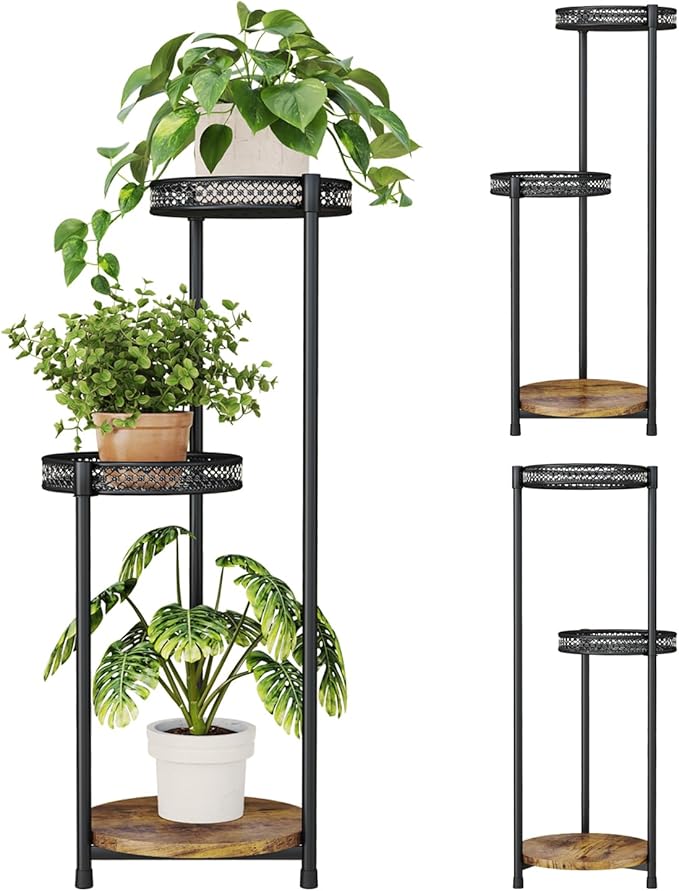 Plant Stand Indoor Outdoor,3 Tier Metal Wood Plant Stand for Multiple Plants,Black Tall Narrow Plants Display Organizer for Corner Living Room Porch Patio Garden Office