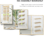4NM No-Assembly 4 Tiers Folding Bookshelf Storage Shelves Vintage Bookcase Standing Racks Study Organizer Home Office - Natural and White