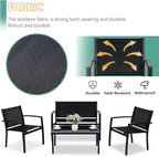 4 Pieces Patio Furniture Set Outdoor Garden Patio Conversation Sets Poolside Lawn Chairs with Tempered Glass Coffee Table Loveseat Porch Furniture Textilene Fabric Black