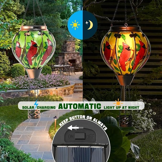 Hot Air Balloon Solar Lantern - Cardinal Bird Glass Lantern, Simulated Flickering & Dancing Flame, Outdoor Hanging Yard Light Waterproof IP65 for Patio Lawn Porch Decor Gift
