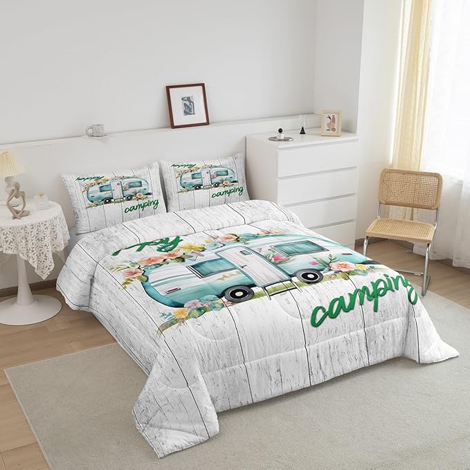 Girls Camper Comforter Set Camping Car Floral Down Comforter King Size Rustic Farmhouse Theme Bedding Set Camping Decor Retro Chic Flower Quilted Duvet Old Barn Door Vintage Wooden Style Duvet Set