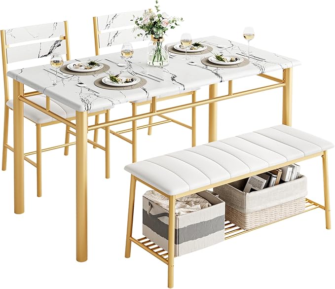 IRONCK Dining Table Set for 4, Kitchen Table and Chairs Set, White & Gold | Kitchen Table with Upholstered Bench and 2 Chairs for Small Space, Apartment