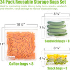 Qinline Reusable Food Storage Bags - 24 Pack Dishwasher Safe Freezer Bags, BPA Free Reusable Bags PEVA material, Leakproof Reusable Lunch Bag for Salad Fruit Travel - 8 Gallon 8 Sandwich 8 Snack Bags