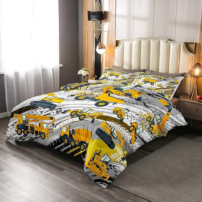 Boys Construction Comforter Set Truck Bedroom Decor for Kids Girls Under Construction Vehicles Down Comforter Nursery Children Cartoon Machinery Truck Excavator Bedding Tractor Cars Duvet Quilt,Twin