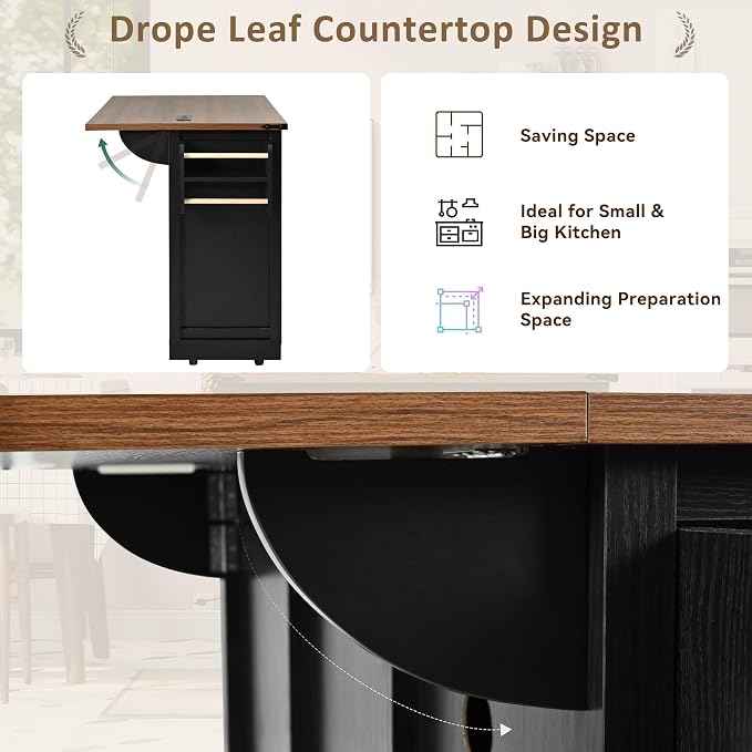 Farmhouse Kitchen Island on Wheels with Drop Leaf & Power Outlet, 53.7-Inch Rolling Storage Island Cart Breakfast Bar with Drawers, Sliding Barn Door Cabinets, Spice Rack (Black)