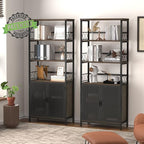 Farmhouse Bookshelf with Storage, Industrial Tall Book Shellf with Doors, Rustic Wood Bookcase with Cabinet for Home Office, Living Room, Bedroom (Walnut Brown)