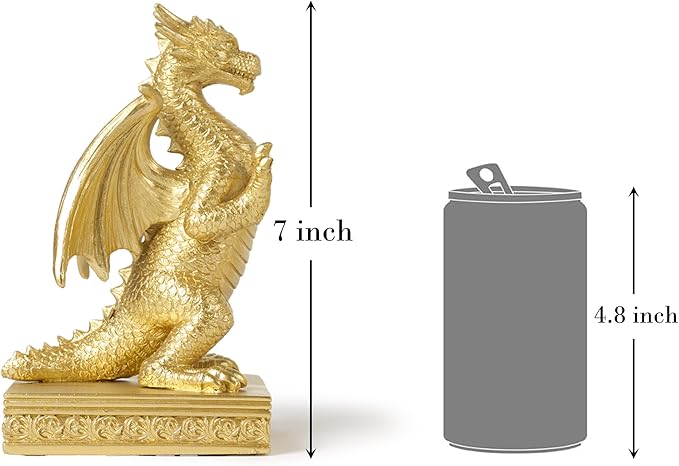 Dragon Statue Decorative Bookends for Shelves, Regal Gold Dragon Statue Home Office Decoration, Fantasy Dragon Figurine Enthusiasts Gifts