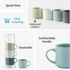 HASENSE Coffee Mugs 12 OZ Ceramic Cups Set of 4, Stackable Embossed Coffee Cups with Rack, Porcelain Coffee Cups for Latte, Cappuccino, Mocha, Cocoa, Americano, Hot Tea and Milk, Multi Color