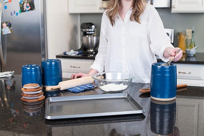 Nat & Jules Lidded Navy Blue 6 inch Ceramic and Wood Kitchen Canisters Set of 3