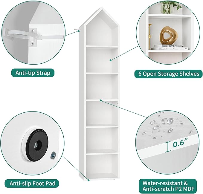 YITAHOME 73" Tall Narrow Bookshelf, Modern Open 5 Tier Bookcase, Wooden Shelf Stand for Small Spaces, Display Shelving Storage Rack for Bedroom, Living Room, Home Office, White