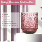 Topsky Vintage Drinking Glass Set of 4,12 oz Embossed Floral Drinkware Set,Pink Purple Drinking Glasses Cups Wine Glasses Colored Glassware for Whisky,Beer,Juice,Cocktail,Heavy Duty