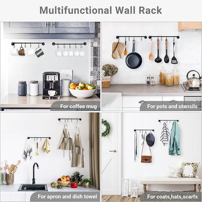 Mkono Mug Holder Wall Mounted Coffee Cup Rack Hanger Modern Metal Wall Rack with 15 Mug Hooks Rustic Utensil Tea Cups Storage Organizer for Kitchen Dining Room Coffee Bar, Set of 3, Black | Kitchen Rod, Space Saving, Easy Assembly, Wall & Under Cabinet...