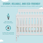Aden 4-in-1 Convertible Mini Crib In White, Greenguard Gold Certified, Non-Toxic Finish, New Zealand Pinewood, With 3 Mattress Height Settings
