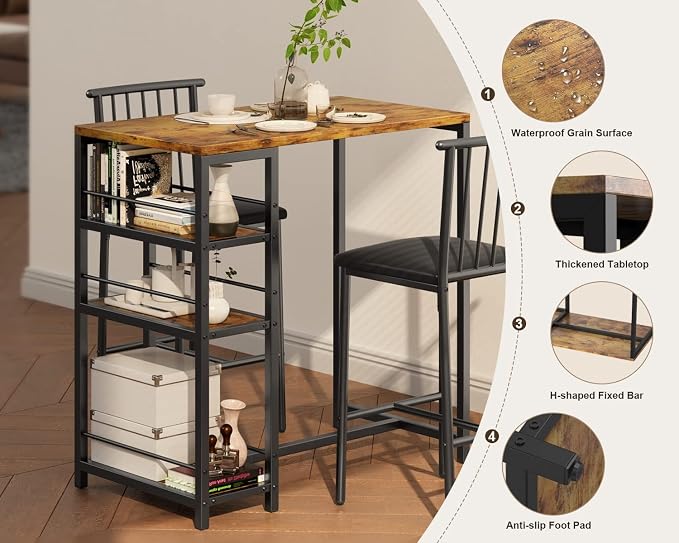 Gizoon 3-Piece Bar Dining Table Set for 2, Kitchen Table w/Shelves Retro | Space-saving retro bar height table set with 3 storage shelves. Includes 2 high-density PU cushion chairs that tuck away.