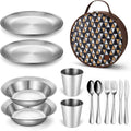 Odoland Stainless Steel Camping Mess Kit for Family & Person | Cooking Tableware Utensils with Plates Bowls Forks Spoons Knives & Savings Bag for Camping, Backpacking, Hiking, Picnic