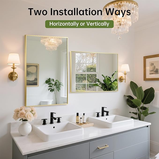 FARMER 20x30 Inch Gold Bathroom Mirror, Rectangle Wall Mounted Mirror, Vanity Mirror, Brushed Square Mirror, Framed Bathroom Mirror for Bedrooms, Entryways, Living Rooms, Horizontal/Vertical