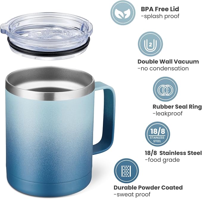 MEWAY 12oz Coffee Mug With Handle 2 Pack Bulk,Stainless Steel Insulated Travel Tumblers With Sliding Lid,Double Wall Vacuum Camping Cup for Hot & Cold Drinks Tea (Bubble Gum&Blue Waves,Set of 2)