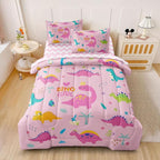 Girls Dinosaur Bedding Twin Green Pink Dinosaur Comforter Set, Cute Cartoon Down Comforter for Little Girls Teens Kids Adults Room Decor, Reversible Bed-in-a-Bag 5-Piece Bed Sets