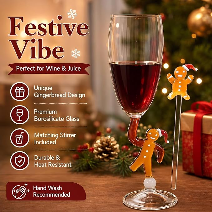 Festive Wine Glass with Stirrer, 7oz Gingerbread Man Glass Cup | Decorative Christmas Stemware for Holiday Tableware Cocktail Juice Red Wine, Winter Glassware