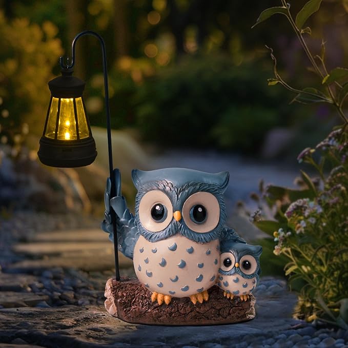 Garden Statues Owl with Solar LED Lantern, Resin Solar Garden Decor for Outside, Yard Decorations Outdoor for Patio, Porch, Balcony, Lawn Ornaments, House Warming Birthday Gifts for Mom Women Grandma