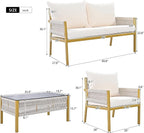 4 Piece Patio Furniture Set, Outdoor FSC Certified Acacia Wood Conversation Set, All-Weather Rope Sofa Set w/Tempered Glass Table, Loveseat for Lawn Balcony Poolside, Backyard, Backyard