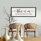 This is us Wall Decor Sign 32'' x 12'' Large Master Bedroom Home Life Story Wood Framed Vintage Family Sign Rustic Plaque Living Room Minimalist Farmhouse Hanging Wall Art (Black)