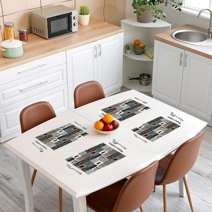 Feelyou Bear Table Place Mats 18"x12" Wild Animal Placemats Set of 4 Ultra Soft Striped Boho Placemat for Kitchen Dining Table Rustic Cabin Country Indoor Outdoor Decor Table Mats Farmhouse Camper