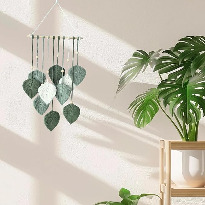 Madiffcult Macrame Wall Hanging Boho Wall Decor Woven Feather Wall Art Handmade Macrame Leaf Tapestry with Wooden Beads for Bedroom Living Room Nursery 16x27 Inch (Green)