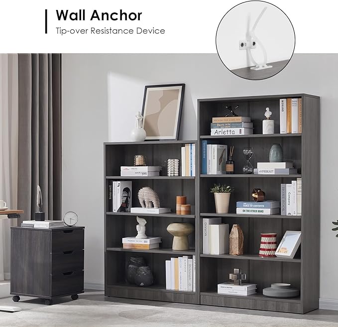 Farini Grey Bookshelf for Bedroom 5 Shelf Office Bookcase 60 Inches Tall Modern Wood Bookshelf for Living Room 5 Tier Wide Manga Bookshelf Library Bookcase