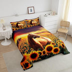 Erosebridal Brown Horse Comforter Set King Size for Kids Adult Teens Farmhouse Decor Sunflower Bedding with Sunset, Cowboys 3D Wild Animal Horse Print Quilt Rustic Style Cowgirls Down Comforter
