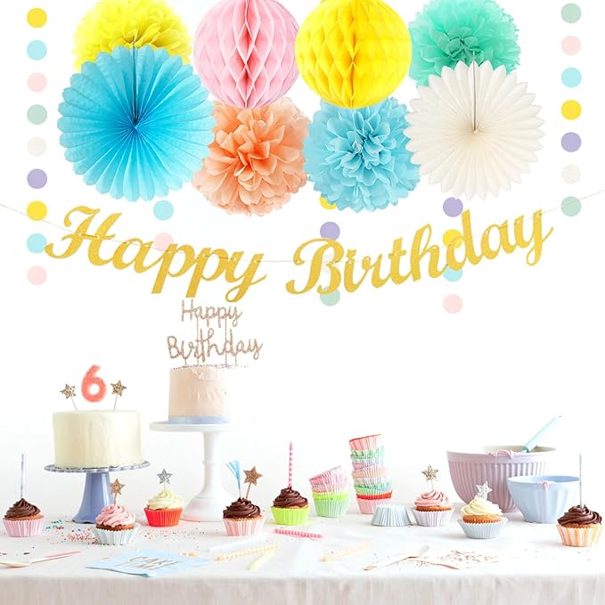Pastel-Rainbow Colorful Birthday Party-Decorations Paper-Flowers - 14pcs Happy Banner Carnival Theme Lanterns Tissue Pom Poms,Macaron Streamers Garland Fans Honeycomb Hanging Supplies Decor Hugfond