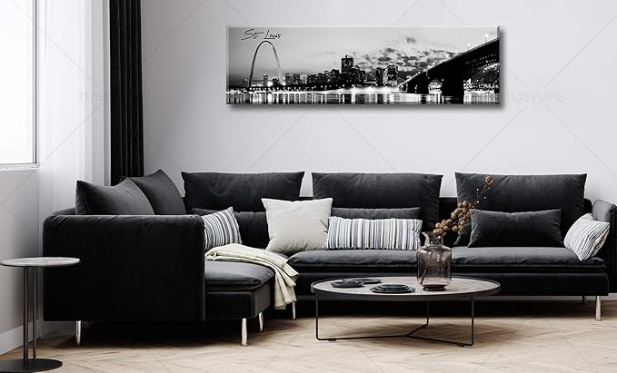 DJSYLIFE Panoramic St. Louis Skyline Wall Art Cityscape Picture Black and White Canvas Print Night View Urban Landscape Modern Artwork Office Bedroom Decor Framed and Ready to Hang 13.8"x47.3"