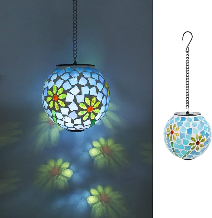 VCUTEKA Solar Lanterns Outdoor Waterproof - Hanging Solar Lights Garden LED Lanterns Mosaic Glass Design for Landscape Patio Yard Garden Pathway Decoration