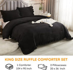 Andency Black King Size Comforter Set, 3 Pieces Farmhouse Shabby Chic Bedding Comforters & Sets, Soft Fluffy Lightweight All Season Down Alternative Bed Blanket Set