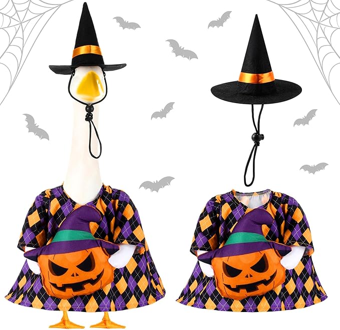 Sanwuta 1 Set Halloween Porch Goose Outfit Pumpkin Pillow Design with Witch Hat for 23" Lawn Cement Goose Porch Geese Clothes Costume for Halloween Garden Patio Yard Outdoor Decorations