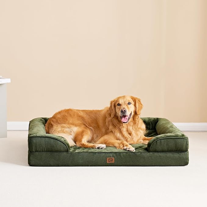 EHEYCIGA Orthopedic XL Dog Beds, Waterproof Memory Foam Dog Bed for Extra Large Dogs, Non-Slip Bottom and Egg-Crate Foam Big Dog Couch Bed with Washable Removable Cover, Dark Green