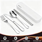Travel Utensils with Case, Stainless Steel Portable Cutlery Set, Lunch Box Silverware for Work Camping Picnic, Reinforced Case with Snap-Lock Closure, Include Fork Spoon Knife Chopsticks, Silver