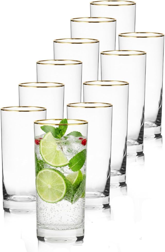 Highball Glasses, Gold Rim Crystal Glassware, 16 oz, Set of 12 | Elegant European Tall Highball Glasses for Water, Juice, Mojitos and Cocktails, Perfect for Everyday Use