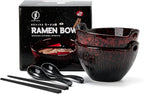 Ramen Bowl Set with Chopsticks and Spoons, Ceramic Noodle Bowl Set of 2, Donburi Bowl, Dishwasher Safe for Pho Udon Soba Noodle Salad Pasta, Special Reactive Glazed Crimson Bowls Set