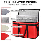 Insulated Food Delivery Bag with Hard Bottom, XXX-Large Insulated Reusable Grocery Cooler/Hot Bags, Tote Bag for Shopping/Travel, Red, 3-Pack