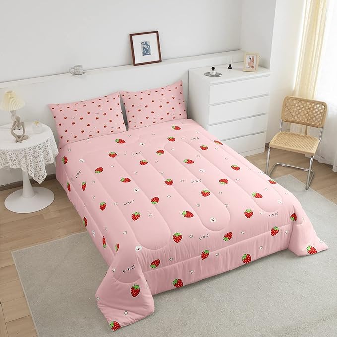 Erosebridal Cute Strawberry Comforter Set Queen Kawaii Japanese Bedding Set, Red Reversible Soft Sweet Cartoon Fruit Duvet Set for Girls Kids Gift Pink Warm Down Comforter Room Decor