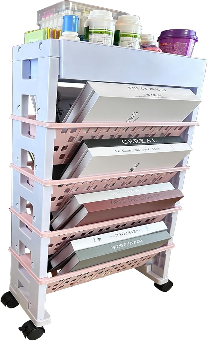 5 Tier Rolling Utility Book Cart, Movable Bookshelf Organizer with Wheels, Storage Book Shelves, Book Rack for Study in Classroom School Office, White-Pink