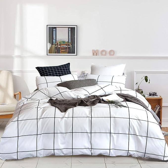 White Grid Comforter White Plaid Bedding Set Queen White Black Lines Printed Stripes Women Checkered Queen Comforters Bedding Set White Grid Comforter Set Queen