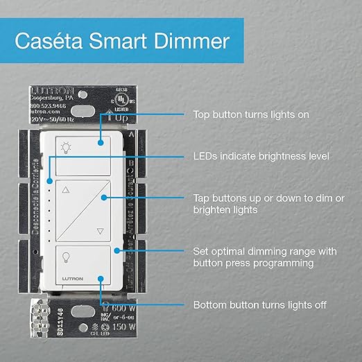 Lutron Caseta 3 Way Smart Dimmer Switch Kit, w/ Wireless 3 way Pico Remote and Bracket, Light Switch for LED Lights, No Neutral Required, P-PKG1WB-WH