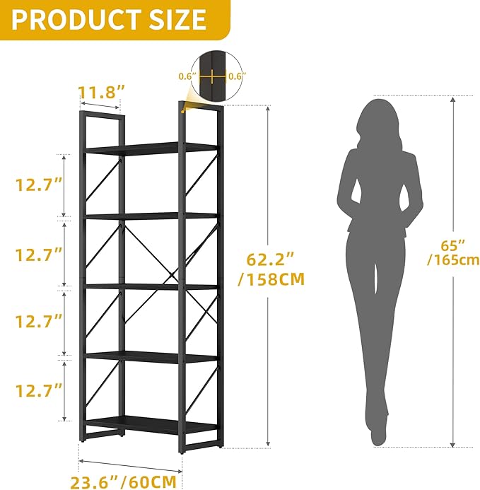 DWVO 5 Tier Bookshelf Black Bookcase, Storage Shelves Organizer Standing Shelf, Display Rack Book Shelves for Bedroom,Living Room,Office,Kitchen, Black