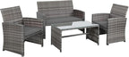 Shintenchi 4-Piece Outdoor Gray Wicker Patio Conversation Furniture Set, Rattan Patio Furniture Set with Weather Resistant Cushions and Tempered Glass Tabletop,Grey